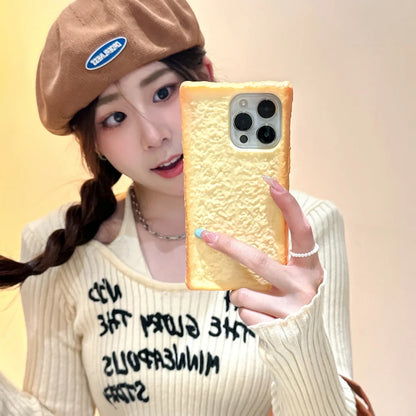 🟡 Funda de teléfono con forma de tostada de simulación 3D para iPhone 11, 12, 13, 14, 15 Pro, soporte plegable de huevo, funda de silicona suave para pan para iPhone 16 Pro Max