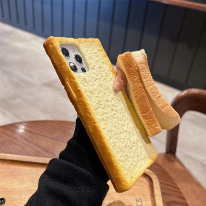 🟡 Funda de teléfono con forma de tostada de simulación 3D para iPhone 11, 12, 13, 14, 15 Pro, soporte plegable de huevo, funda de silicona suave para pan para iPhone 16 Pro Max