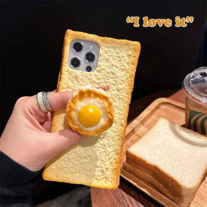 🟡 Funda de teléfono con forma de tostada de simulación 3D para iPhone 11, 12, 13, 14, 15 Pro, soporte plegable de huevo, funda de silicona suave para pan para iPhone 16 Pro Max