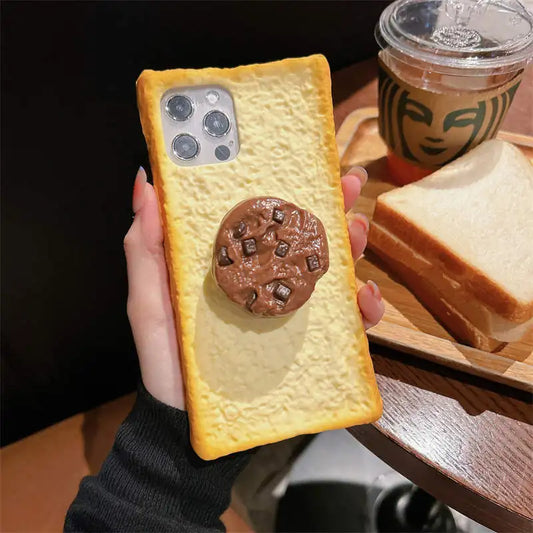 🟡 Funda de teléfono con forma de tostada de simulación 3D para iPhone 11, 12, 13, 14, 15 Pro, soporte plegable de huevo, funda de silicona suave para pan para iPhone 16 Pro Max