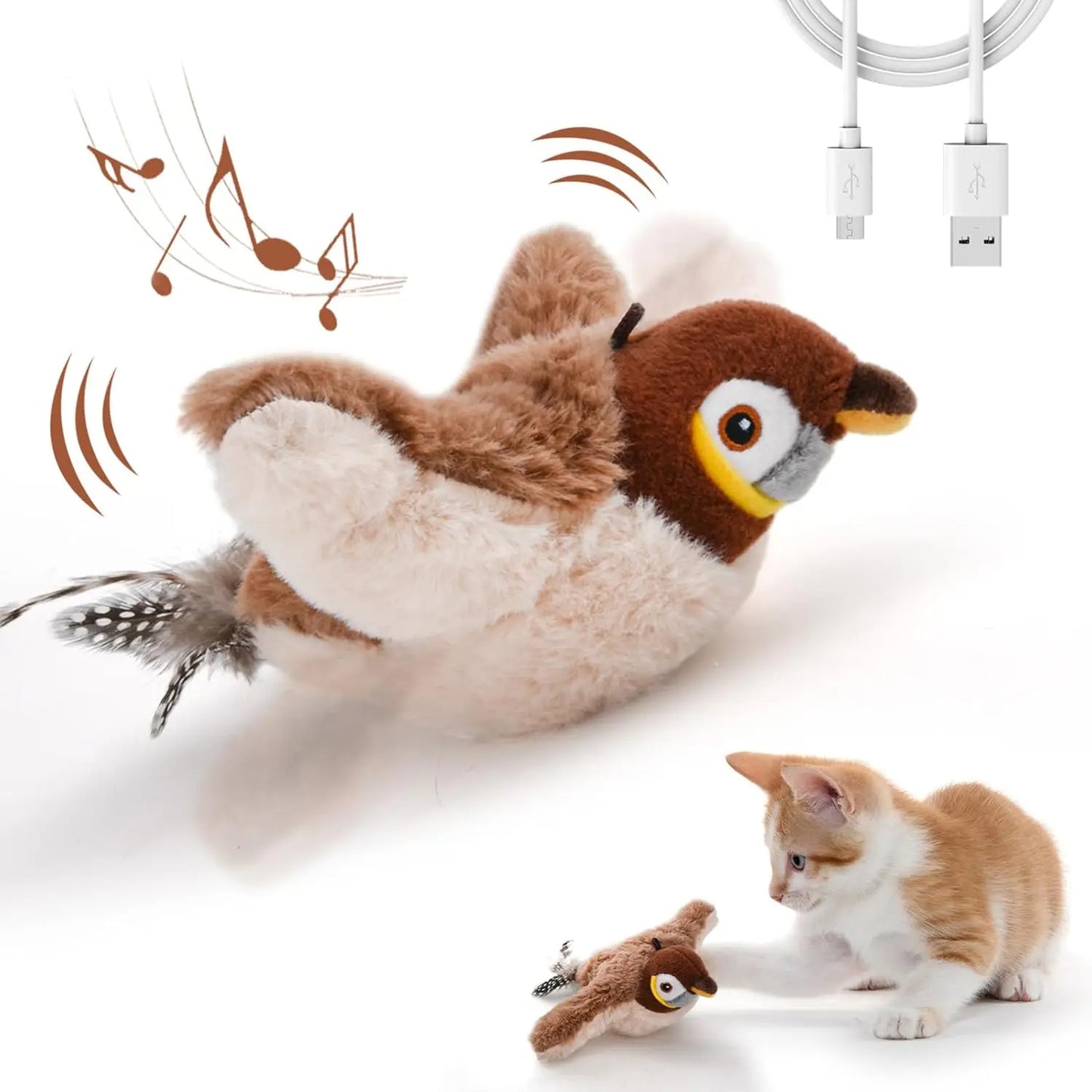 🟡 Juguete volador interactivo para gatos, pájaro batiente recargable para gatos de interior, juguetes de peluche activados por tacto para gatos