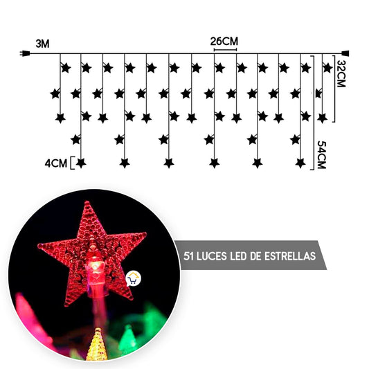 Luces Led Estrellas 3 Mts Extensión Cortina Luz Navidad Multicolor