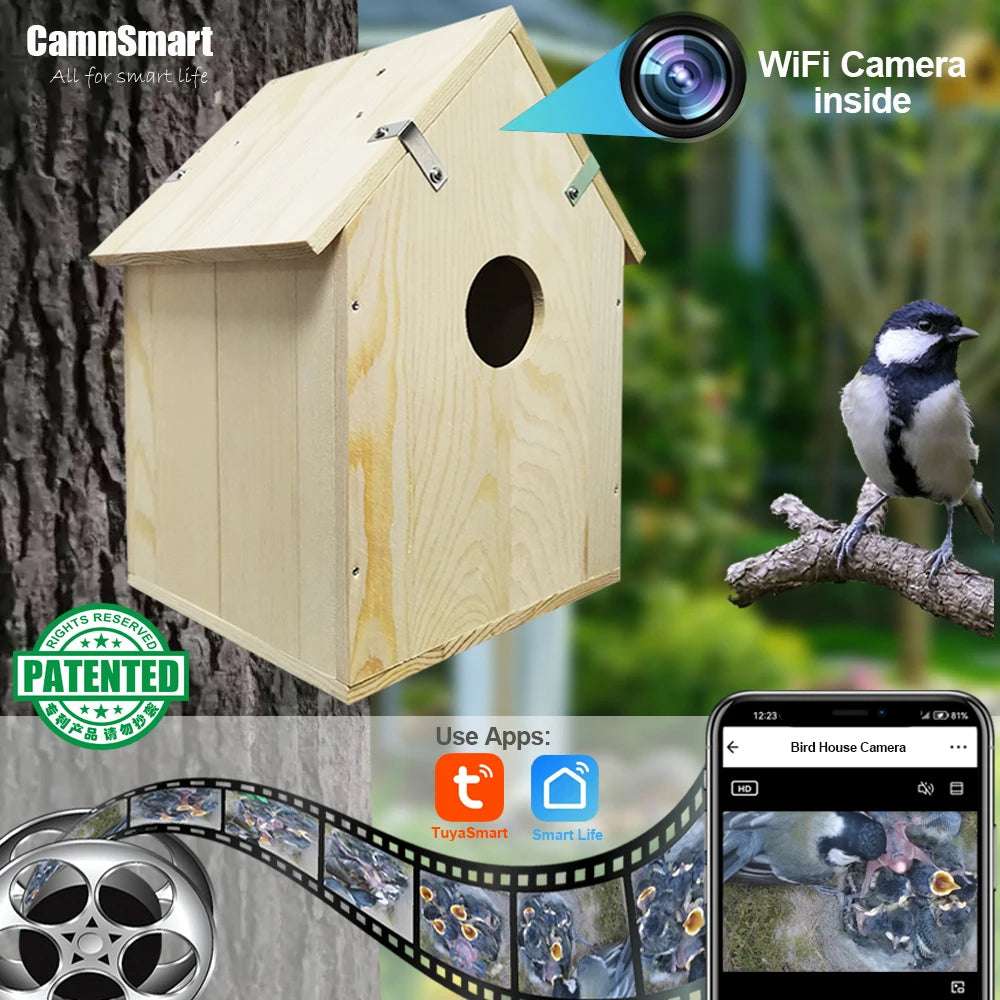 Nido de jaula para pájaros inteligente con cámara WIFI, soporte inalámbrico para exteriores, grabación, detección de movimiento, casa de madera Natural para loro mascota o pájaros silvestres visitantes