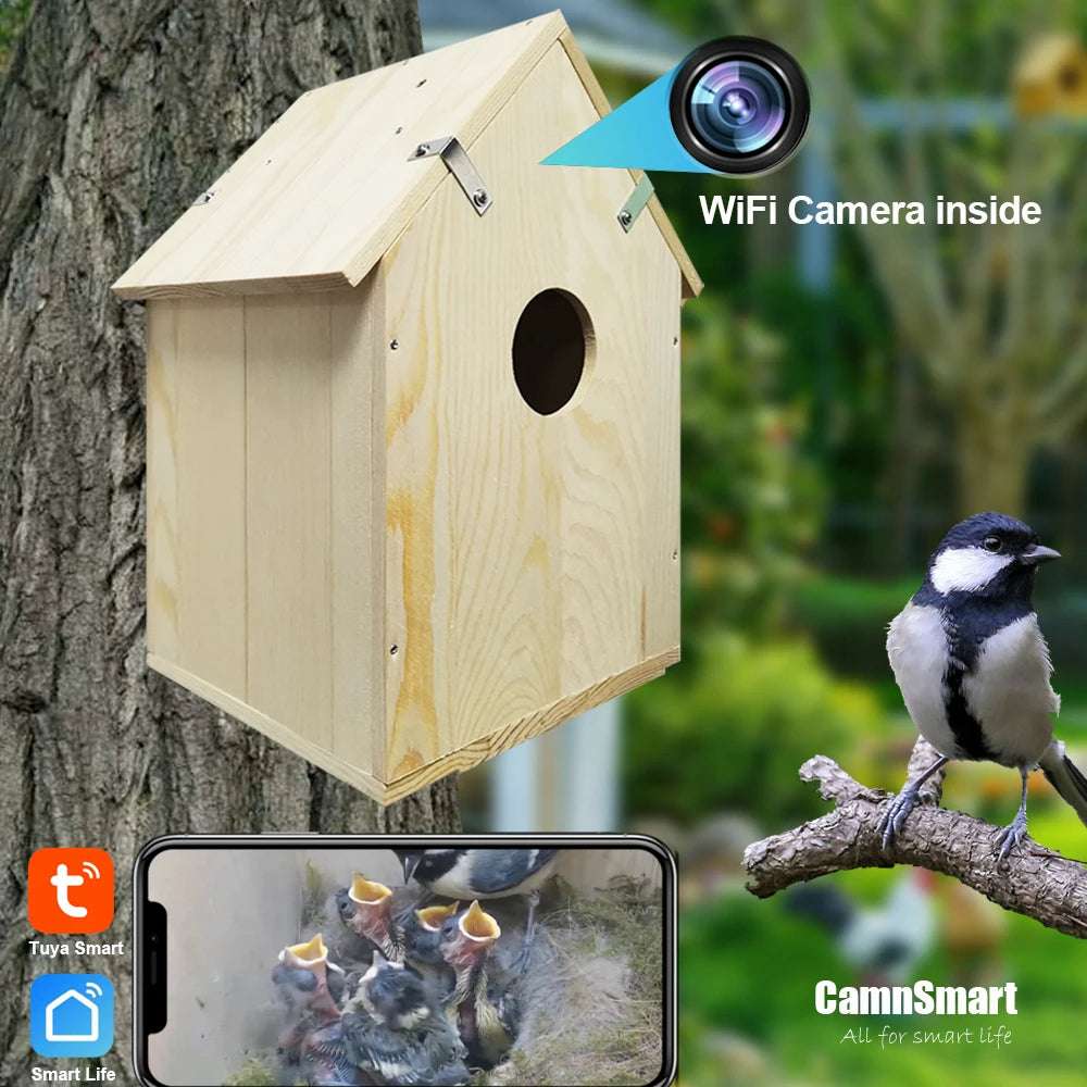 Nido de jaula para pájaros inteligente con cámara WIFI, soporte inalámbrico para exteriores, grabación, detección de movimiento, casa de madera Natural para loro mascota o pájaros silvestres visitantes