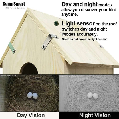 Nido de jaula para pájaros inteligente con cámara WIFI, soporte inalámbrico para exteriores, grabación, detección de movimiento, casa de madera Natural para loro mascota o pájaros silvestres visitantes