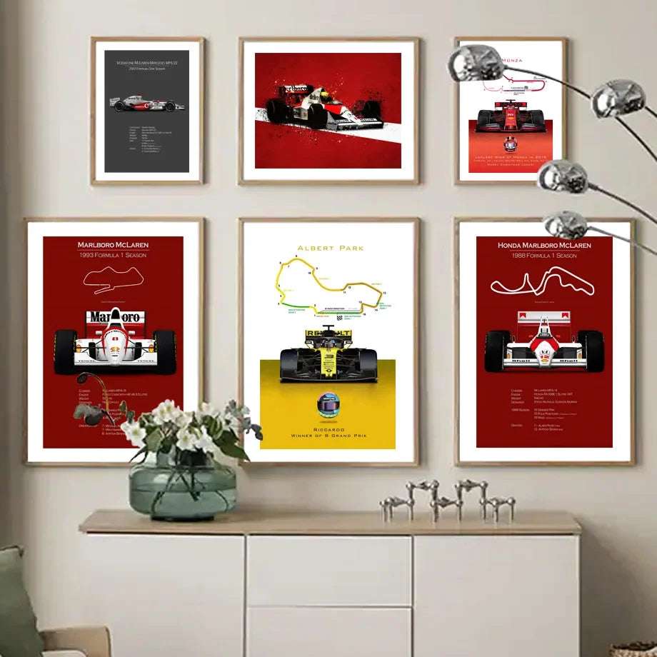 Fórmula 1 Race Track F1 Car Racing Helmet arte de pared, pintura en lienzo, carteles nórdicos e impresiones, imágenes de pared para decoración de sala de estar y habitación