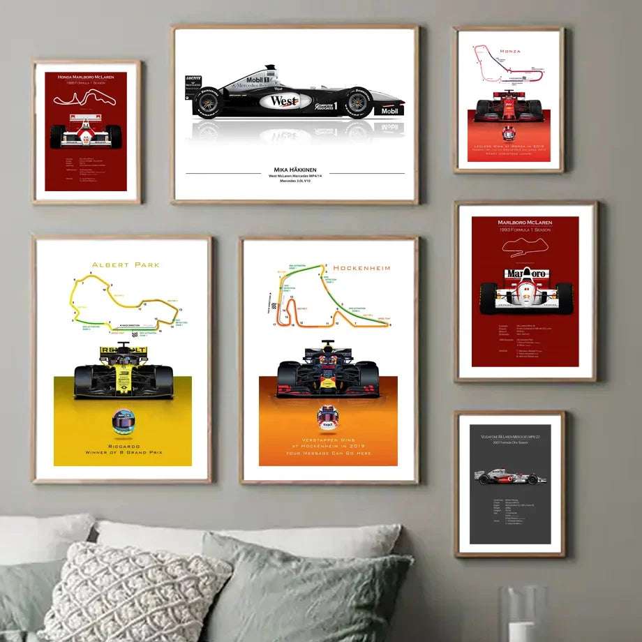 Fórmula 1 Race Track F1 Car Racing Helmet arte de pared, pintura en lienzo, carteles nórdicos e impresiones, imágenes de pared para decoración de sala de estar y habitación