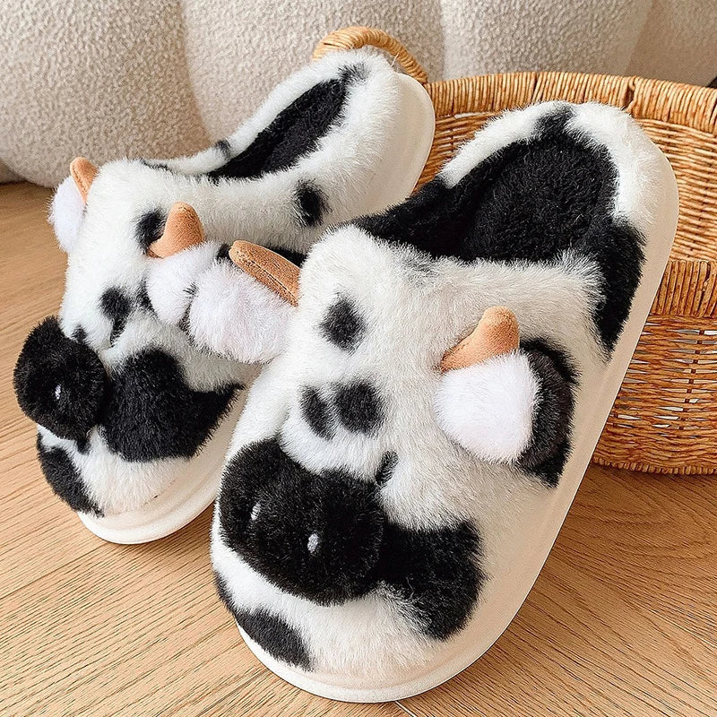 🟡 Pantuflas cálidas para mujer, zapatos cálidos con forro de piel sintética de jirafas y vacas de dibujos animados, suela plana antideslizante y esponjosa, ideales para el frío