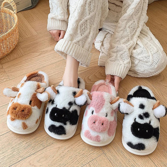🟡 Pantuflas cálidas para mujer, zapatos cálidos con forro de piel sintética de jirafas y vacas de dibujos animados, suela plana antideslizante y esponjosa, ideales para el frío