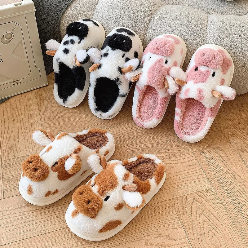 🟡 Pantuflas cálidas para mujer, zapatos cálidos con forro de piel sintética de jirafas y vacas de dibujos animados, suela plana antideslizante y esponjosa, ideales para el frío