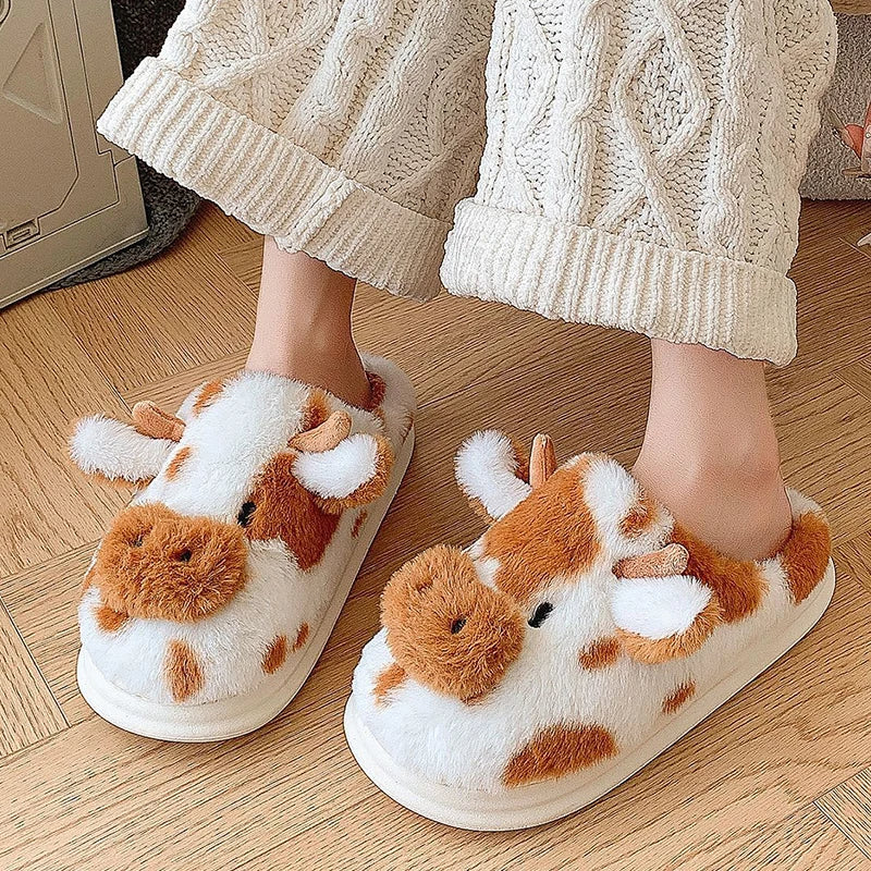 🟡 Pantuflas cálidas para mujer, zapatos cálidos con forro de piel sintética de jirafas y vacas de dibujos animados, suela plana antideslizante y esponjosa, ideales para el frío