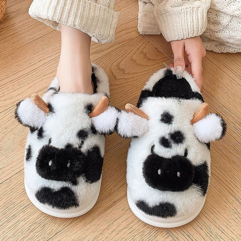 🟡 Pantuflas cálidas para mujer, zapatos cálidos con forro de piel sintética de jirafas y vacas de dibujos animados, suela plana antideslizante y esponjosa, ideales para el frío