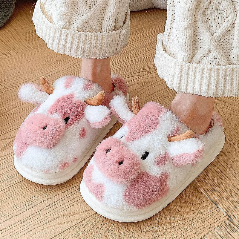🟡 Pantuflas cálidas para mujer, zapatos cálidos con forro de piel sintética de jirafas y vacas de dibujos animados, suela plana antideslizante y esponjosa, ideales para el frío