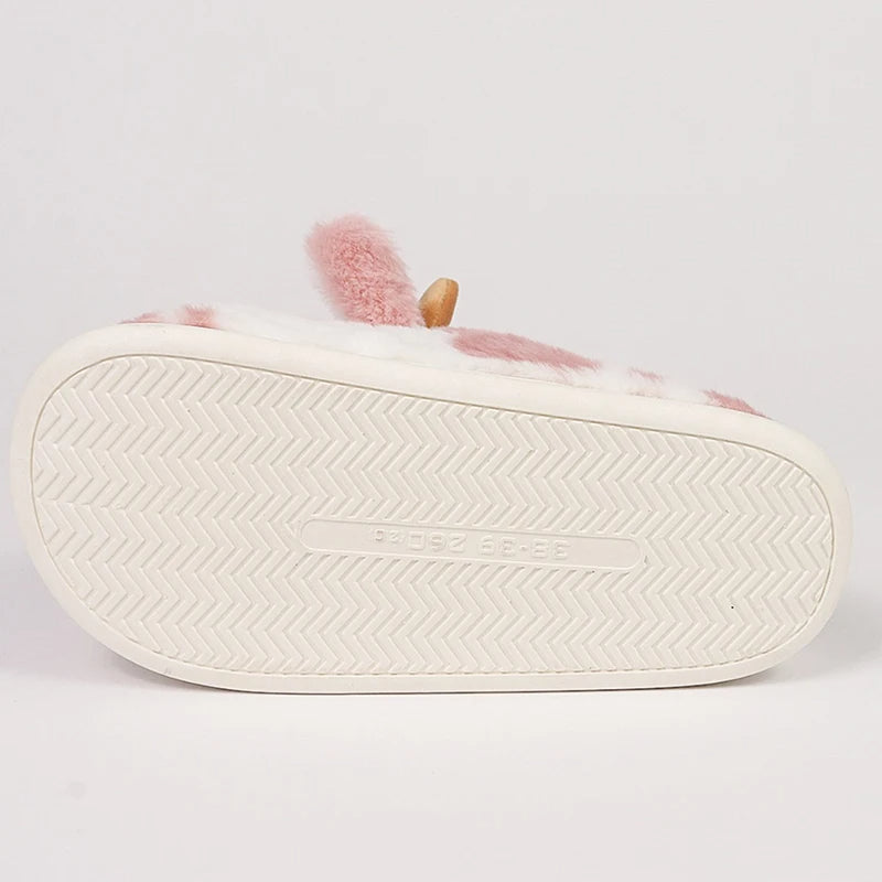 🟡 Pantuflas cálidas para mujer, zapatos cálidos con forro de piel sintética de jirafas y vacas de dibujos animados, suela plana antideslizante y esponjosa, ideales para el frío