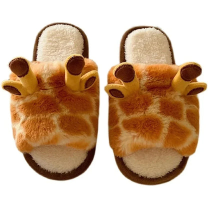 🟡 Pantuflas cálidas para mujer, zapatos cálidos con forro de piel sintética de jirafas y vacas de dibujos animados, suela plana antideslizante y esponjosa, ideales para el frío