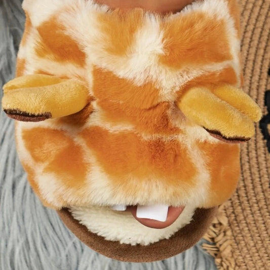 🟡 Pantuflas cálidas para mujer, zapatos cálidos con forro de piel sintética de jirafas y vacas de dibujos animados, suela plana antideslizante y esponjosa, ideales para el frío
