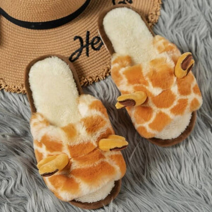 🟡 Pantuflas cálidas para mujer, zapatos cálidos con forro de piel sintética de jirafas y vacas de dibujos animados, suela plana antideslizante y esponjosa, ideales para el frío