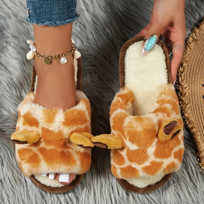 🟡 Pantuflas cálidas para mujer, zapatos cálidos con forro de piel sintética de jirafas y vacas de dibujos animados, suela plana antideslizante y esponjosa, ideales para el frío