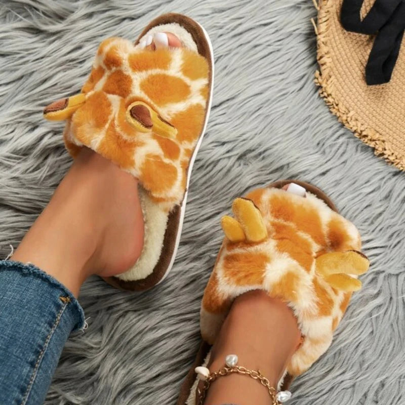 🟡 Pantuflas cálidas para mujer, zapatos cálidos con forro de piel sintética de jirafas y vacas de dibujos animados, suela plana antideslizante y esponjosa, ideales para el frío