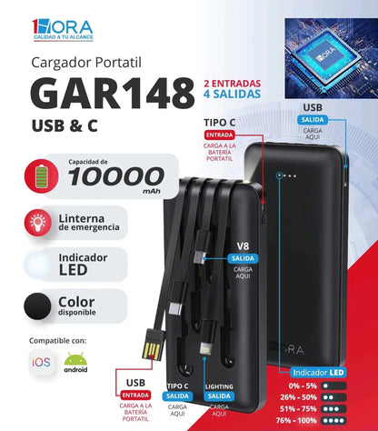 Power Bank Batería 10000 Marca 1hora Gar148 | Banco de energía portátil