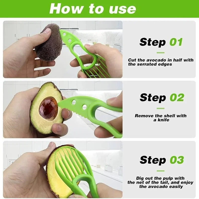 🟡 Rebanador de aguacate 3 en 1  pelador de frutas, cortador, separador de pulpa, cuchillo de plástico, herramientas de cocina para verduras, utensilios de cocina