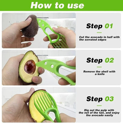 🟡 Rebanador de aguacate 3 en 1  pelador de frutas, cortador, separador de pulpa, cuchillo de plástico, herramientas de cocina para verduras, utensilios de cocina