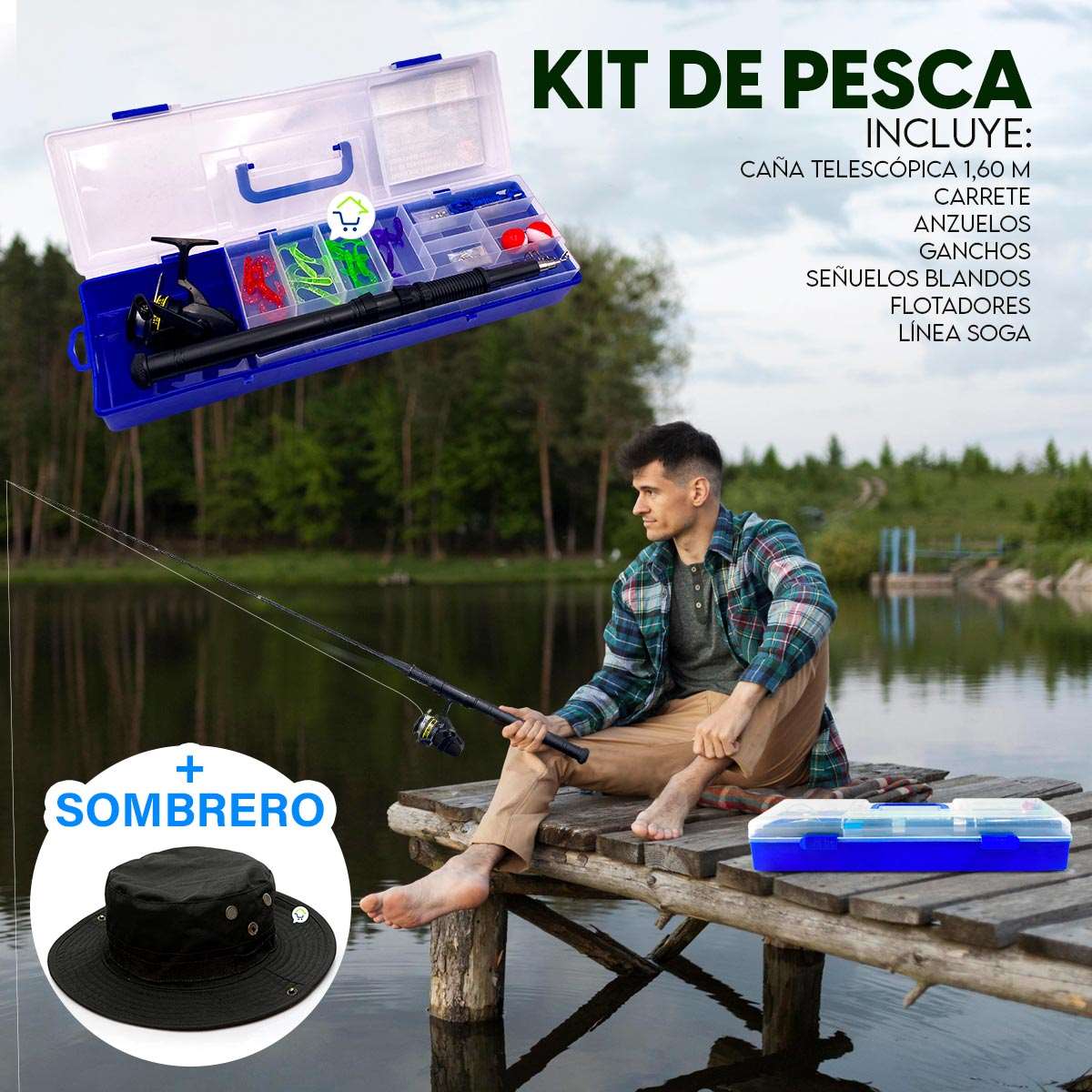 Combo Caña de Pescar+ Estuche+ Sombrero Boonie