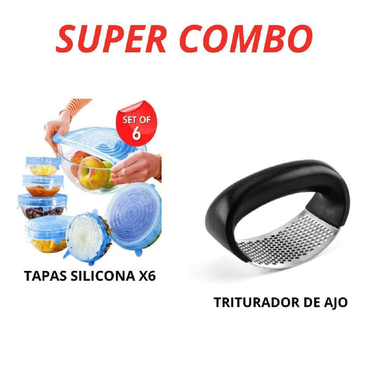 Combo tapas silicona 6 unidades con triturador de ajo
