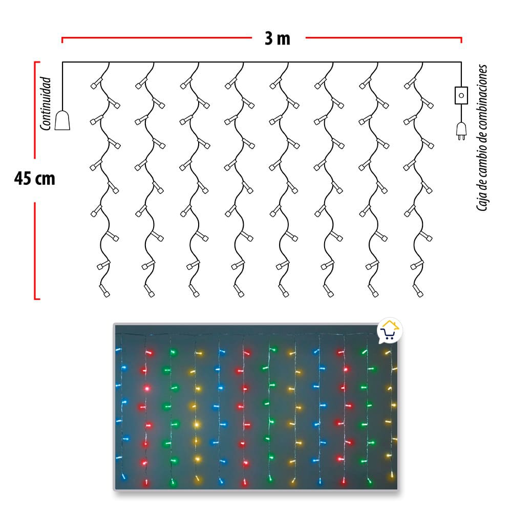 Cortina Led 3 Mts x 45 Cm 100 Led Multicolor Luces Navidad
