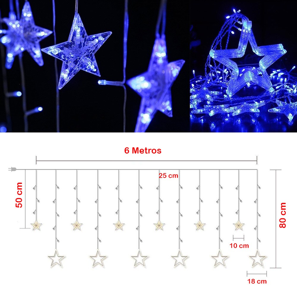 Extensión Luces Led Estrella X6 Mts Luz Navidad Azul