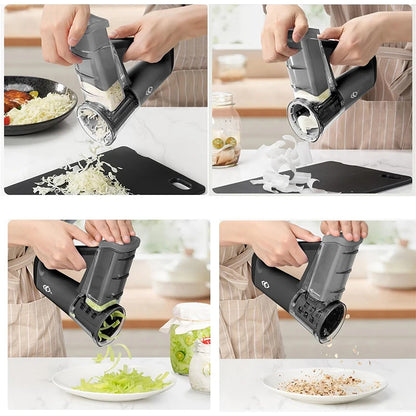 🟡 Rallador de queso eléctrico, máquina de ensalada portátil con 4 formas diferentes de cuchillas, trituradora cortadora rotativa eléctrica de 40W