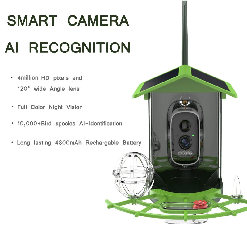 🟡 Cámara alimentadora de pájaros 4MP 2K HD captura de vídeo para pájaros WiFi batería de cámara alimentada por energía Solar con Panel Solar, alertas instantáneas, observación de aves visitantes silvestres