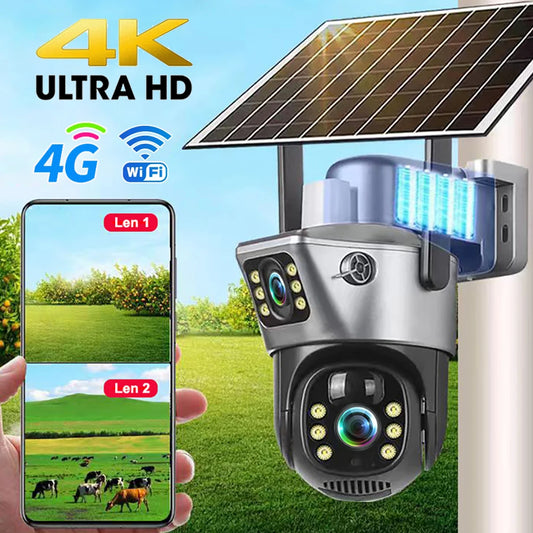 🟡 Cámara Solar con tarjeta Sim 4G y WIFI, lente Dual para exteriores, 8MP, 4K, batería de baja potencia, cámara IP PIR, visión nocturna V380 Pro, protección de seguridad CCTV