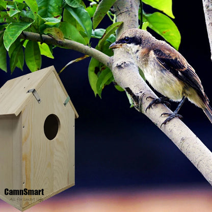 🟡 Nido de jaula para pájaros inteligente con cámara WIFI, soporte inalámbrico para exteriores, grabación, detección de movimiento, casa de madera Natural para loro mascota o pájaros silvestres visitantes