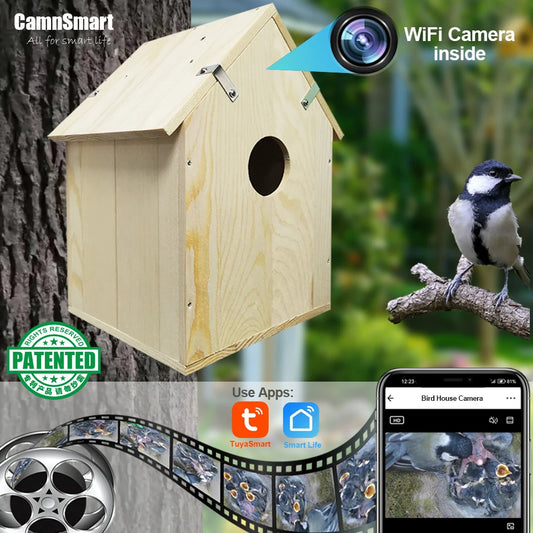 🟡 Nido de jaula para pájaros inteligente con cámara WIFI, soporte inalámbrico para exteriores, grabación, detección de movimiento, casa de madera Natural para loro mascota o pájaros silvestres visitantes